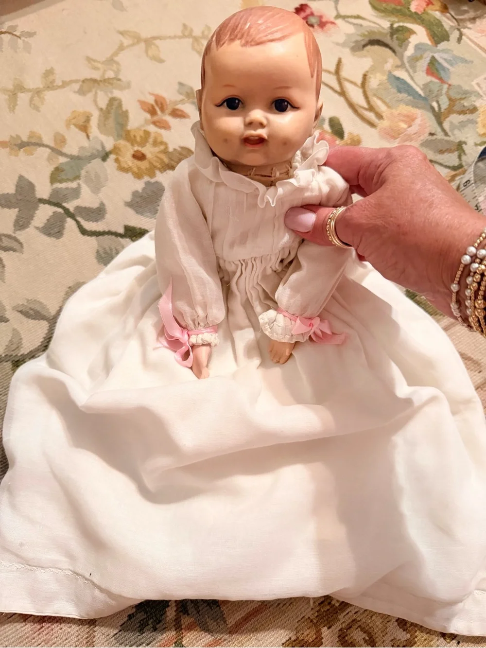 Vintage Baby Doll With White Dress, Slip, underwear and Knitted Booties